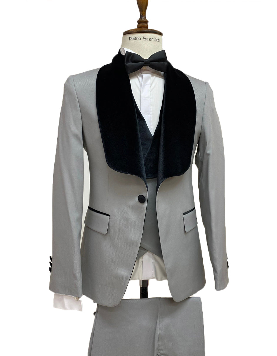 Mens Vested Designer Wide Shawl Tuxedo in Grey - Men's Tuxedo USA