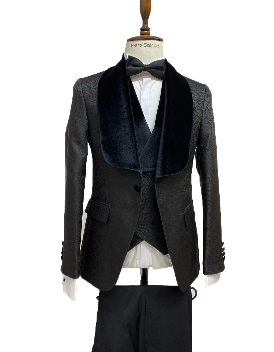 Mens Vested Designer Wide Velvet Shawl Tuxedo in Black Paisley - Men's Tuxedo USA