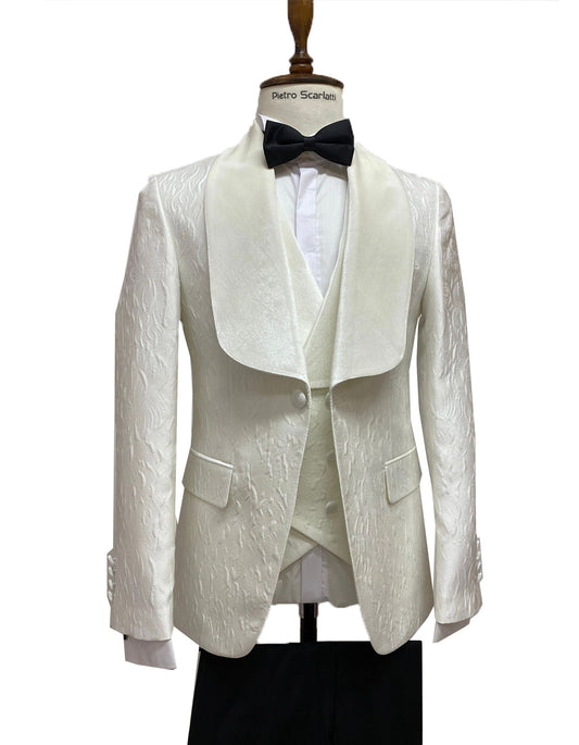 Mens Vested Designer Wide Ivory Square Shawl Tuxedo in Ivory Paisley - Men's Tuxedo USA