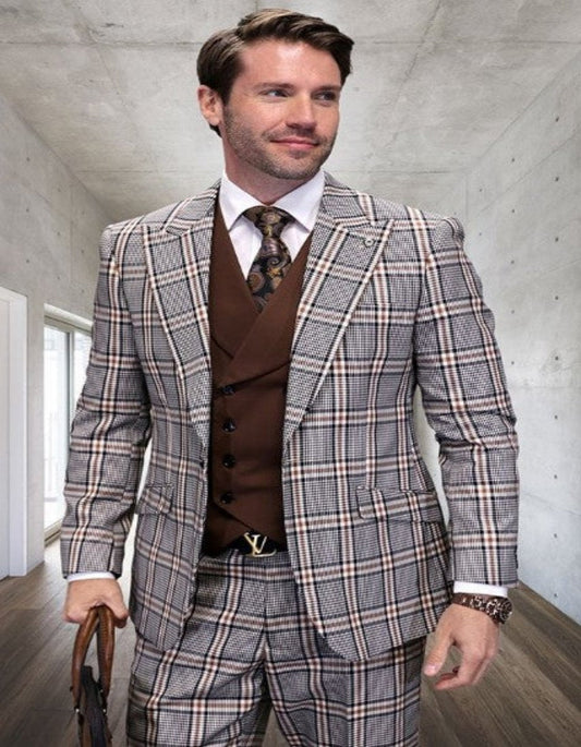 Tan Plaid Suit - Camel Khaki Color Windowpane Pattern Suit - Wool Suit - Double Breasted Vest Peak Lapel Side Vented Modern Fit - Men's Tuxedo USA