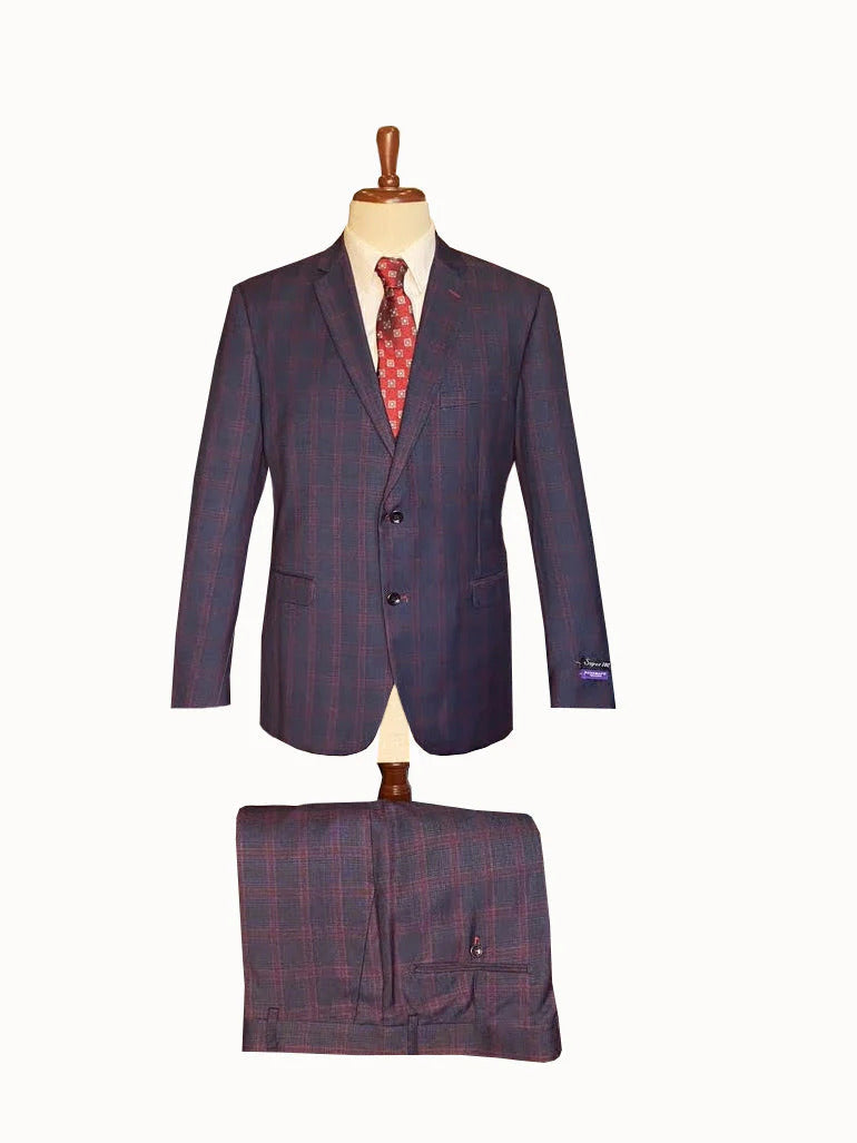 Mens Plaid Suits - Windowpane Wool Suits - Navy Blue with Dark Burgundy Pattern - Business Wool Suit  in Classic  fit - Men's Tuxedo USA