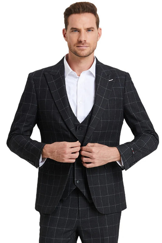 Men's One Button Peak Lapel Vested Bold Chalk Windowpane Plaid Suit In Black - Men's Tuxedo USA