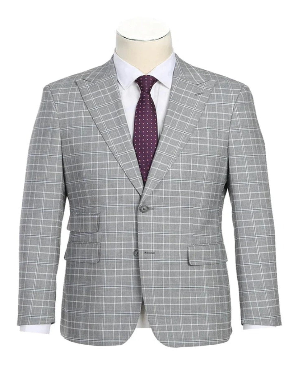 Light Grey Suit - Silver Gray Suit For Wedding - Mens Designer Two Button Slim Fit Peak lapel Smoke Windowpane Plaid Suit - Men's Tuxedo USA