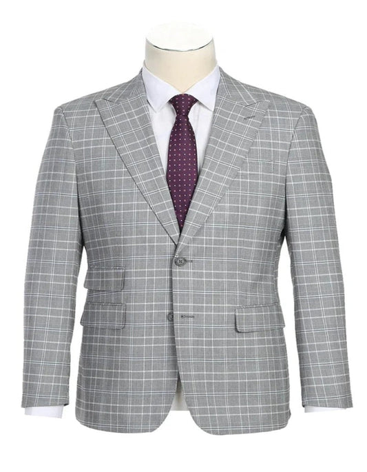 Light Grey Suit - Silver Gray Suit For Wedding - Mens Designer Two Button Slim Fit Peak lapel Smoke Windowpane Plaid Suit - Men's Tuxedo USA