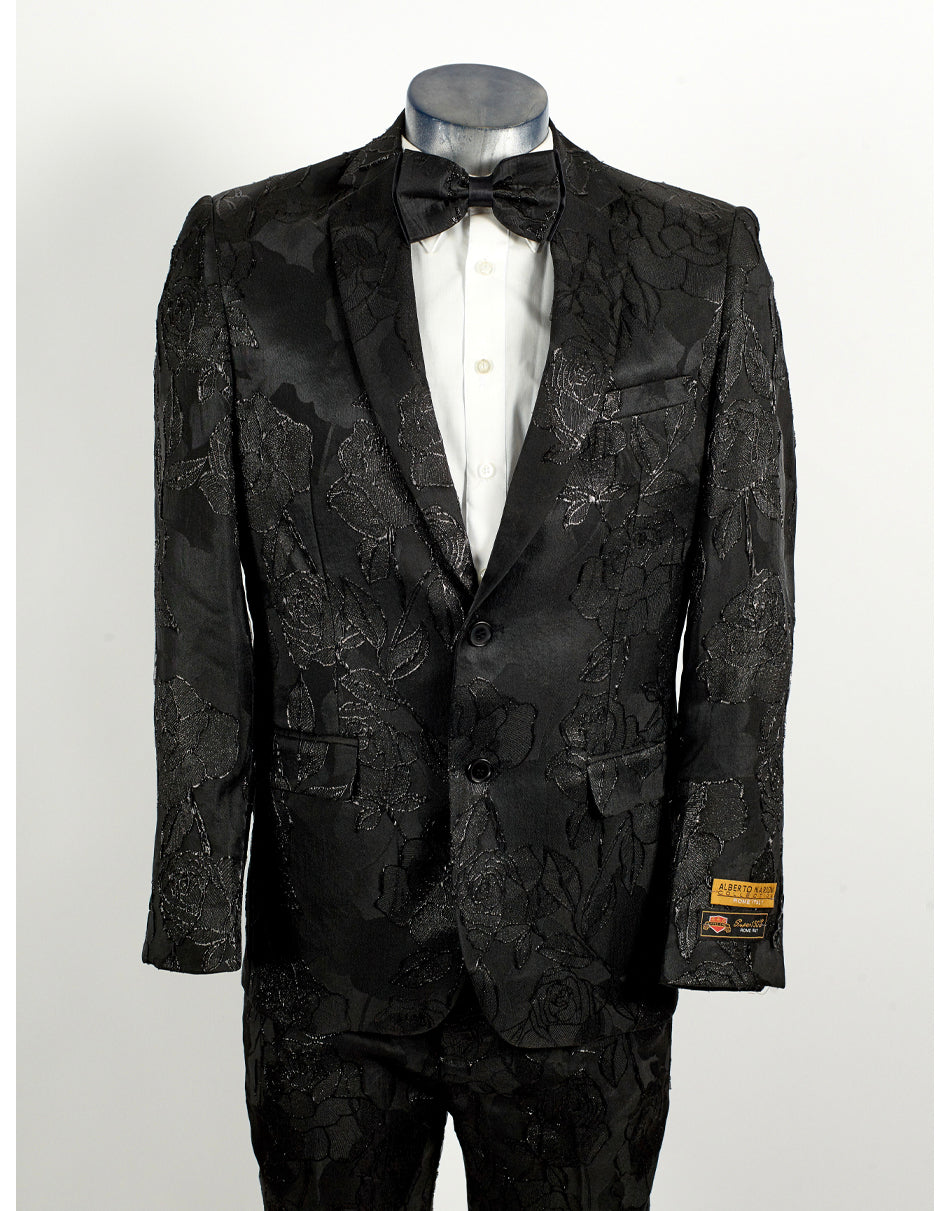 Mens 2 Button Shiny Black on Black Floral Paisley Prom & Wedding Tuxedo - Men's Tuxedo USA