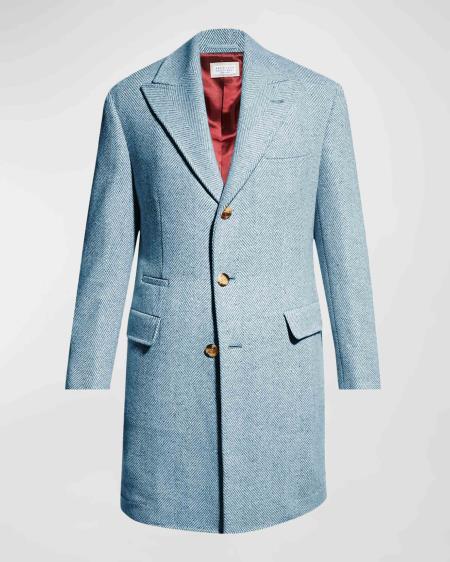 Mens Wool Carcoat - Light Blue Three Quarter Peak Lapel Topcoat - Men's Tuxedo USA