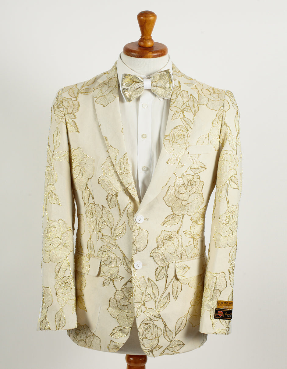 Mens 2 Button Ivory & Gold Foil Floral Paisley Prom & Wedding Blazer - Men's Tuxedo USA