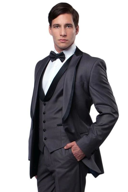 Mens Gray Tuxedo - Grey Wedding Suit-Mens One Button Satin Trimmed Peak Lapel Vested Fancy Tuxedo In Charcoal Grey - Men's Tuxedo USA