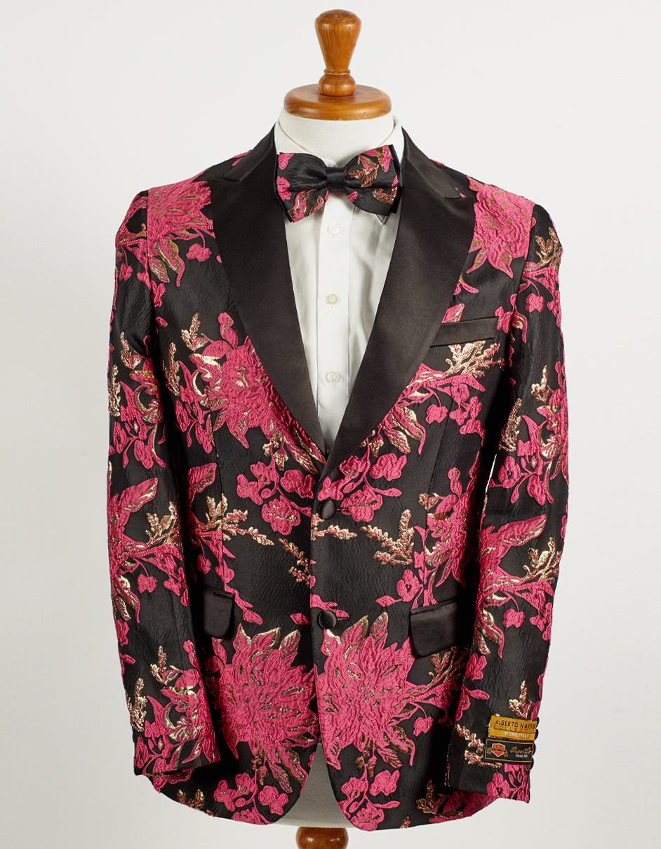 Mens 2 Button Hot Pink Fuschia & Black Floral Paisley Tuxedo Blazer - Men's Tuxedo USA