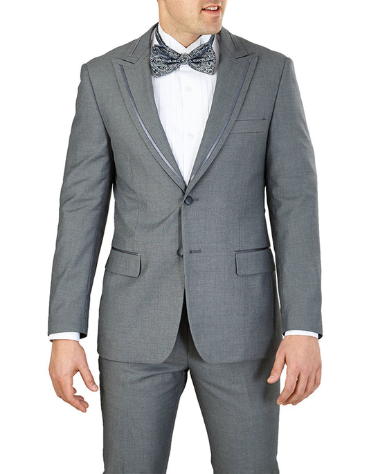 Mens Modern Satin Trim Peak Lapel Tuxedo in Grey - Men's Tuxedo USA