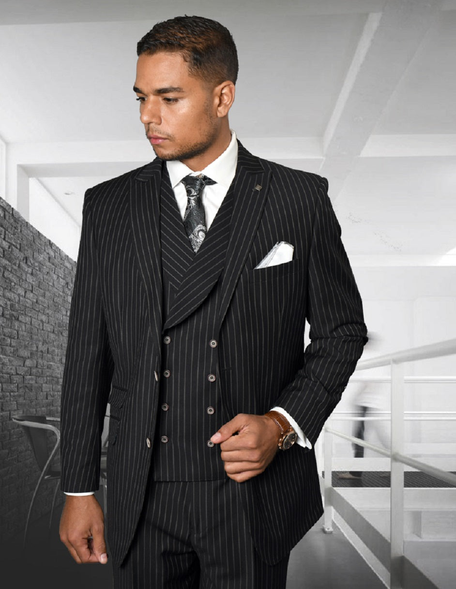 Mens Gangster Pinstripe 2 Button Double Breasted Vest Suit in Black - Men's Tuxedo USA