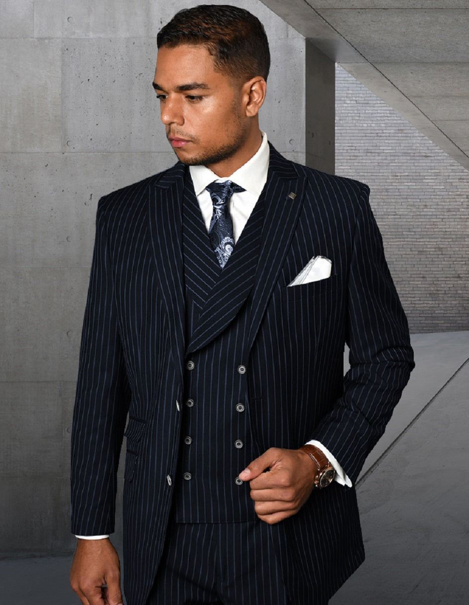 Mens Gangster Pinstripe 2 Button Double Breasted Vest Suit in Navy - Men's Tuxedo USA