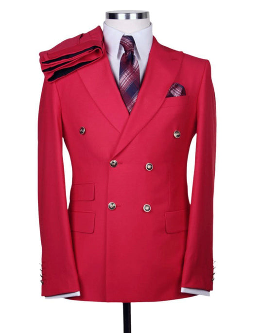 Mens Designer Modern Fit Double Breasted Wool Suit with Gold Buttons in Red - Men's Tuxedo USA