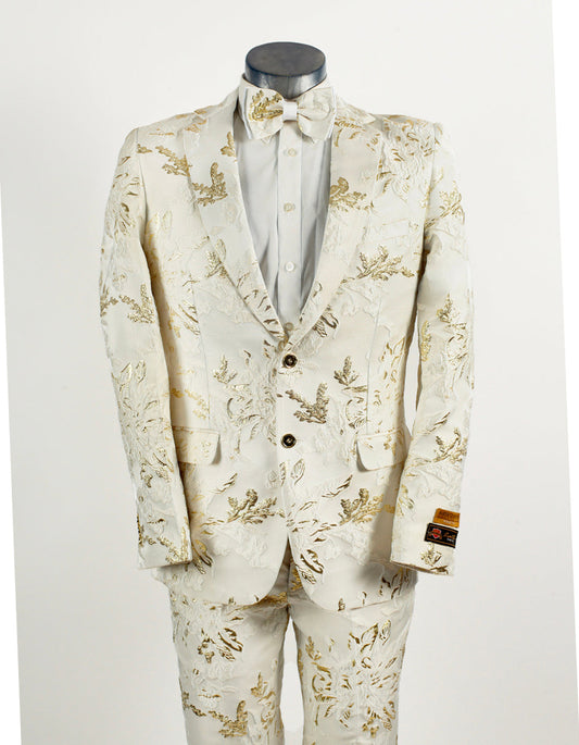 Mens 2 Button White with Gold Foil Floral Paisley Prom and Wedding Tuxedo - Men's Tuxedo USA