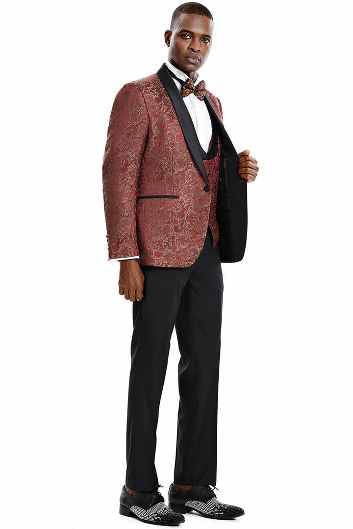 Men's One Button Vested Prom & Wedding Shawl Tuxedo In Red & Gold Paisely - Men's Tuxedo USA