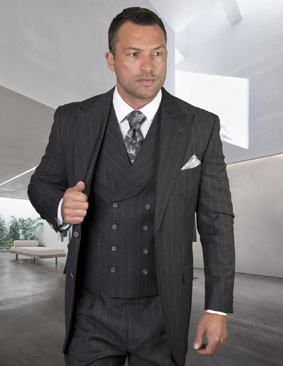 Mens Classic Fit Pleated Pant Wide Peak Lapel Wool Suit with Double Breasted Vest in Grey Pinstripe - Men's Tuxedo USA