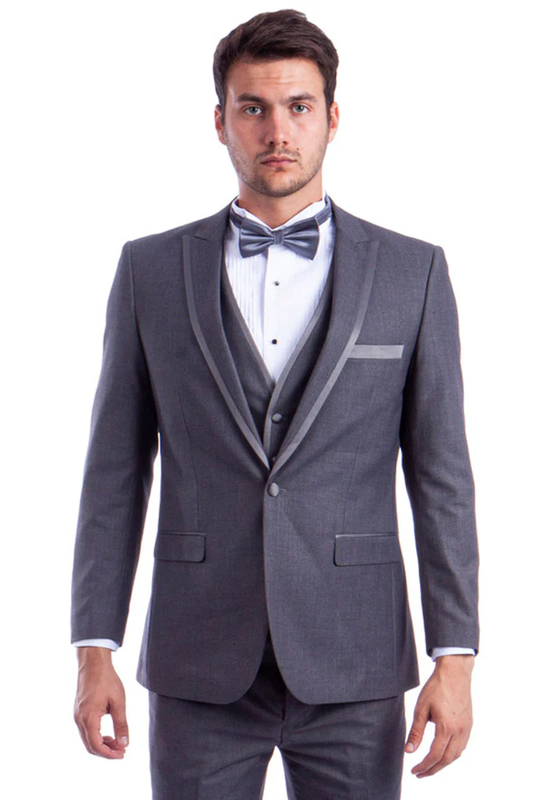 Mens Gray Tuxedo - Grey Wedding Suit-Mens One Button Peak Wedding Tuxedo With Satin Trim In Grey - Men's Tuxedo USA