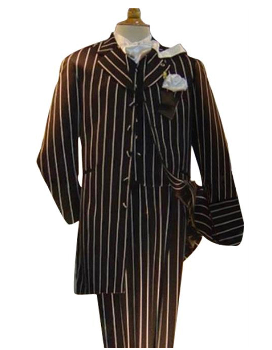 Mens Vested Gangster Bold Pinstripe Zoot Suit in Black - Men's Tuxedo USA