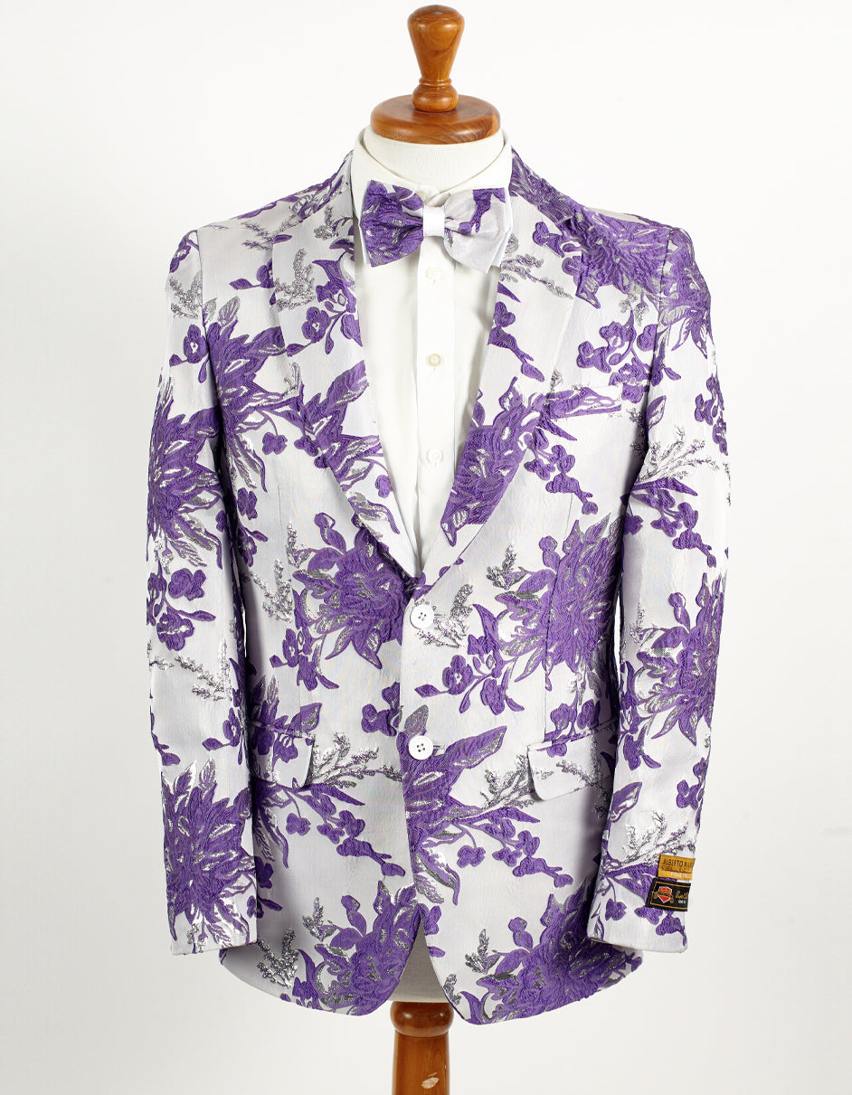 Mens 2 Button White & Lavender Purple Floral Paisley Prom and Wedding Blazer - Men's Tuxedo USA