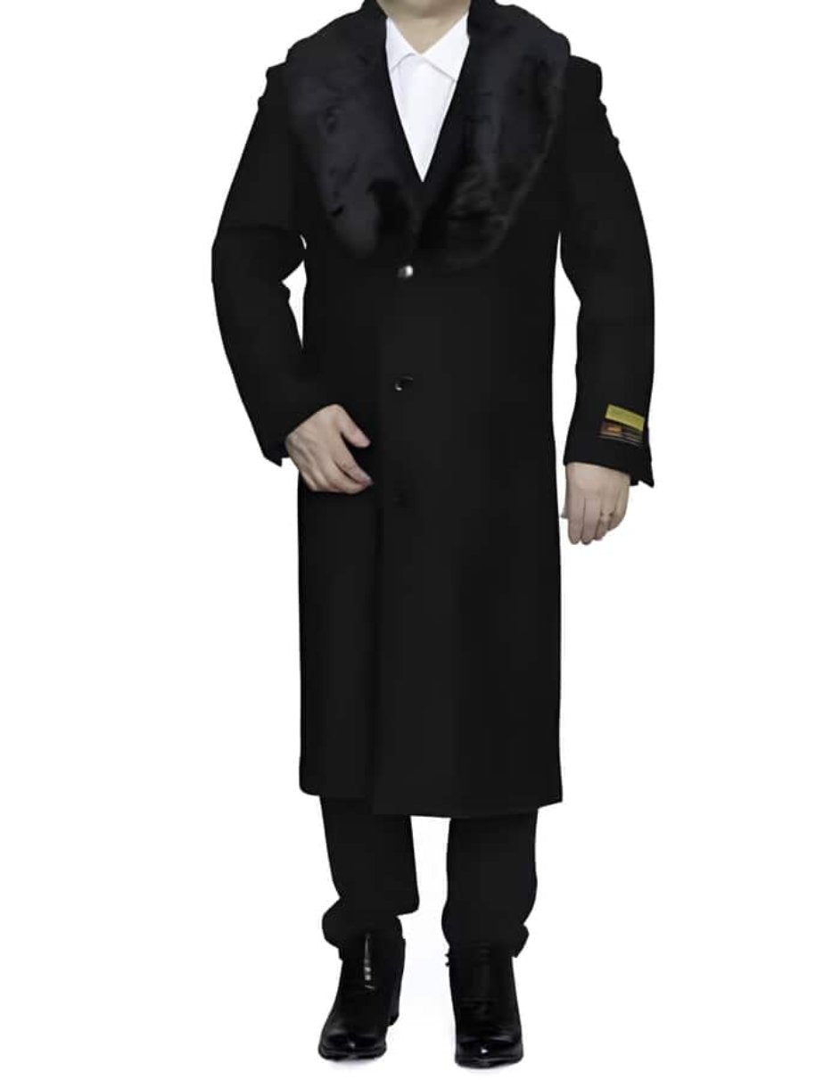 Removable Fur Collar Ankle length Black Full Length Wool Dress Top Coat/Overcoat - Men's Tuxedo USA