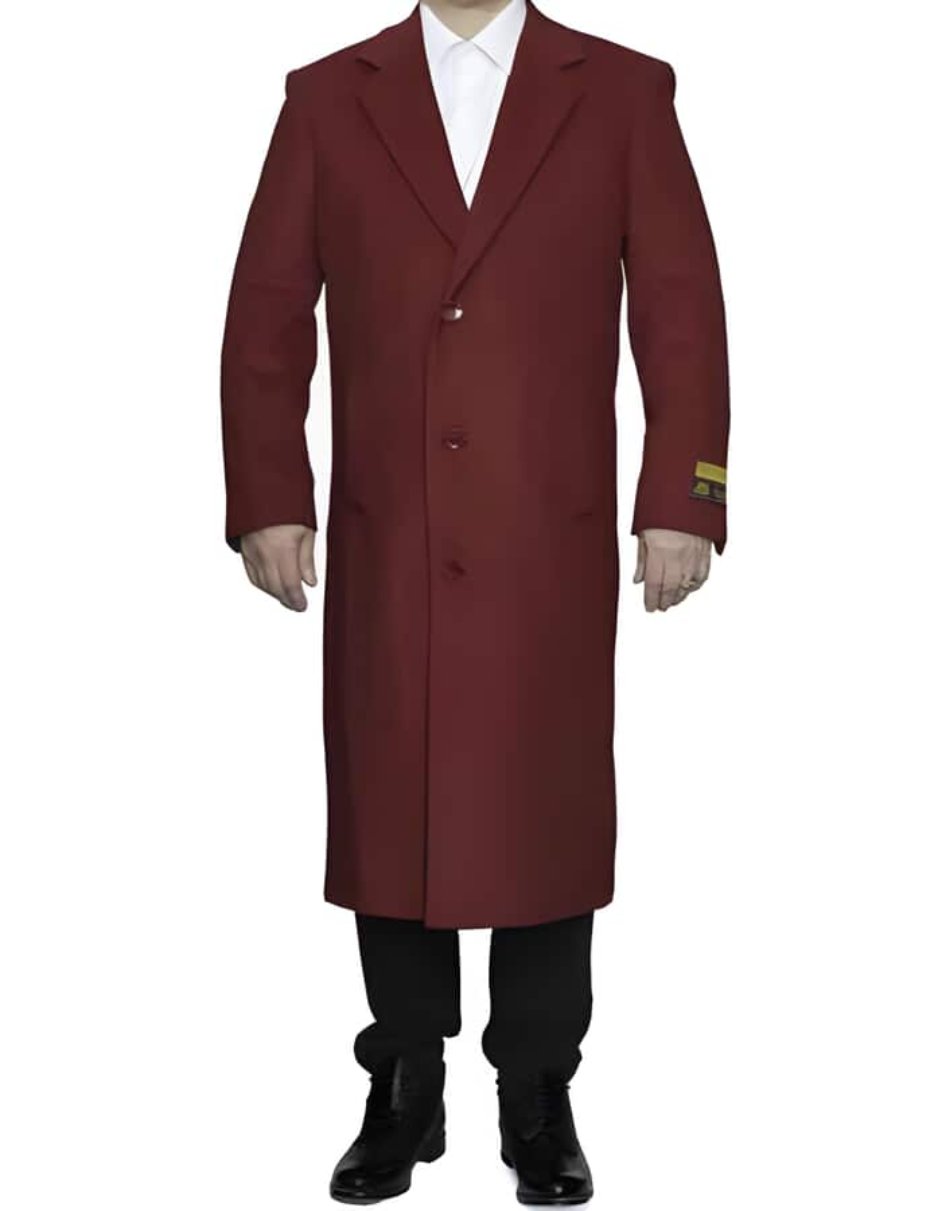 Mens Full Length Ankle length Top Coat / Wool Dress Burgundy Overcoat - Men's Tuxedo USA