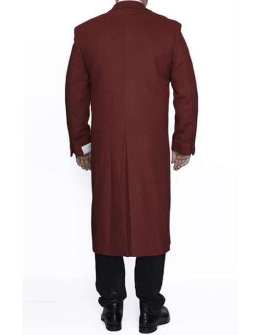 Mens Full Length Ankle length Top Coat / Wool Dress Burgundy Overcoat - Men's Tuxedo USA