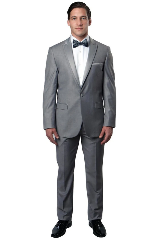 Mens Gray Tuxedo - Grey Wedding Suit-Mens  Skinny Fit  One Button Satin Trim Peak Lapel Prom & Wedding Tuxedo  In Grey - Men's Tuxedo USA