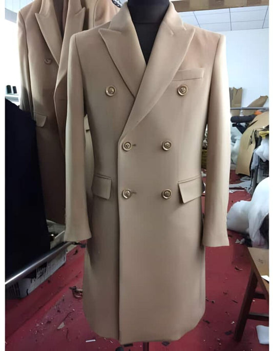 Men's Wool And Cashmere Double Breasted Long Overcoat Beige ~ Camel Three Quarter Winter Men's Topcoat Sale - Men's Tuxedo USA