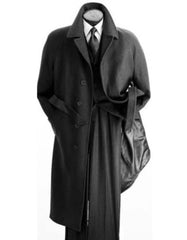 Mens Overcoat - Topcoat For Men - Winter Fabric - Mens Charcoal Grey Belted Full Length Wool Overcoat - Men's Tuxedo USA