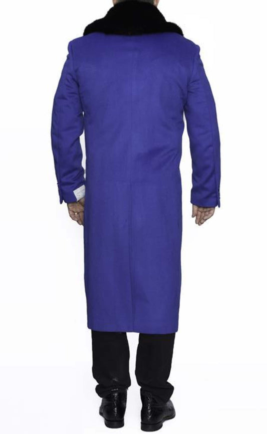 Mens Overcoat - Topcoat For Men - Winter Fabric - Big and Tall Large Ankle length Man ~ Plus Size Removable Fur Collar Overcoat Three Button Long men's Dress Topcoat - Winter coat 4XL 5XL 6XL Royal Blue Full Length 48 Long - Men's Tuxedo USA