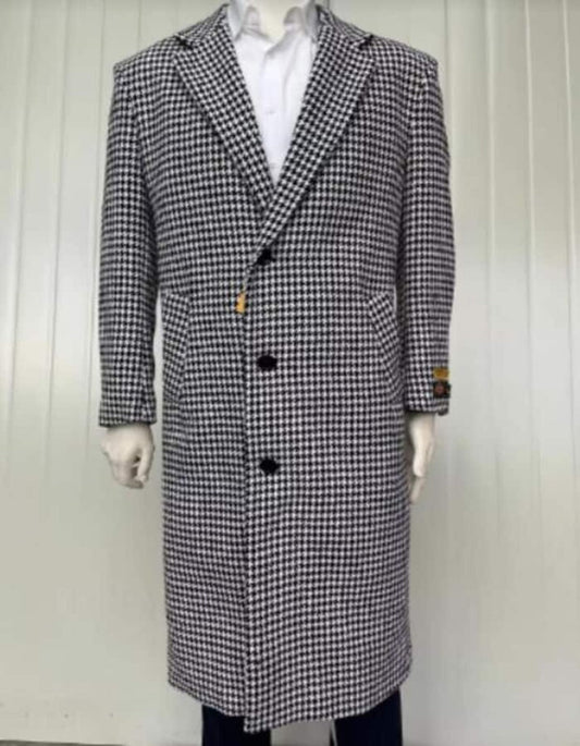 Mens Full Length Wool and Cashmere Overcoat - Winter Topcoats - Black and White Coat - Men's Tuxedo USA