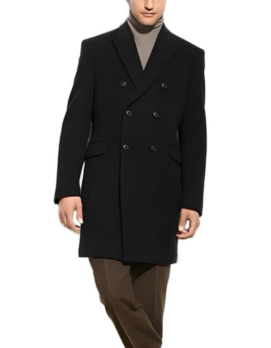 Double Breasted Black 3/4 Length Wool Cashmere Blend Overcoat Top Coat - Men's Tuxedo USA