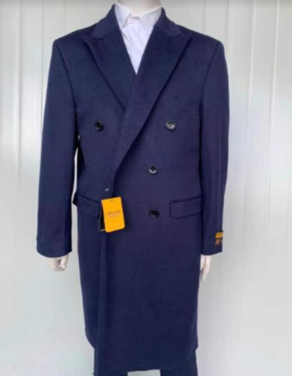 Mens Full Length Wool and Cashmere Overcoat - Winter Topcoats - Blue Coat - Men's Tuxedo USA