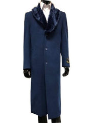 Mens Wool Overcoat With Fur Collar Full Length 48 Inches Blue Color - Navy Blue Topcoat - Men's Tuxedo USA