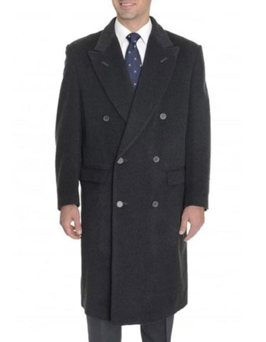 Men's Wool Blend Double Breasted Full Length Dark Charcoal Grey Top Coat - Men's Tuxedo USA