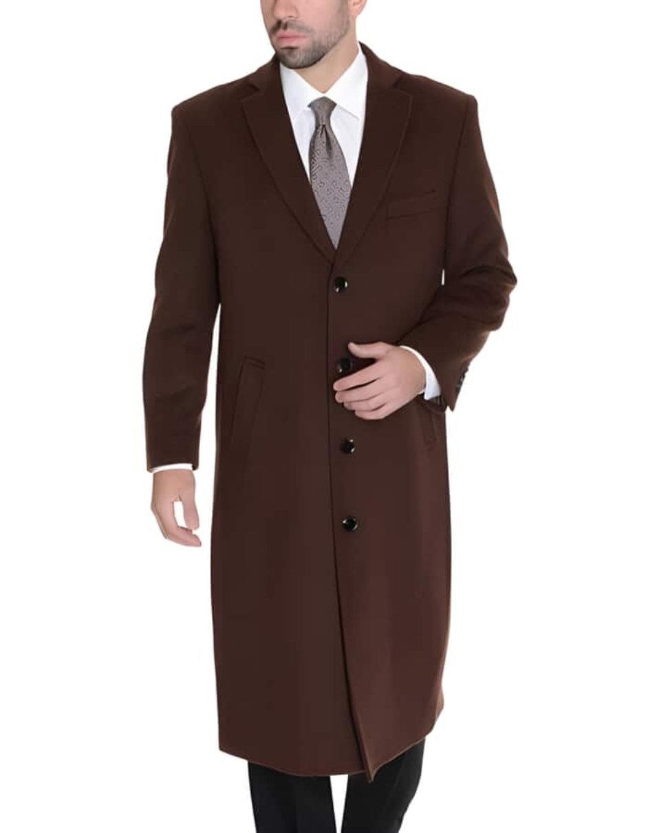 Ankle length 4 Buttons Brown Wool Cashmere Blend Overcoat Top Coat - Men's Tuxedo USA