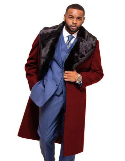 Burgundy Overcoat ~ Long men's Dress Topcoat - Winter coat With Fur Collar And Wool Fabric - Men's Tuxedo USA