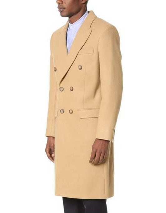 Men's Double Breasted Camel Back Wool Blend Vent Overcoat - Men's Tuxedo USA