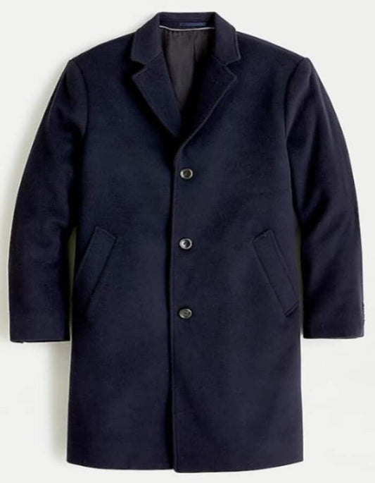 Three Button Notch Label Topcoat In Wool-Cashmere Navy - Men's Tuxedo USA