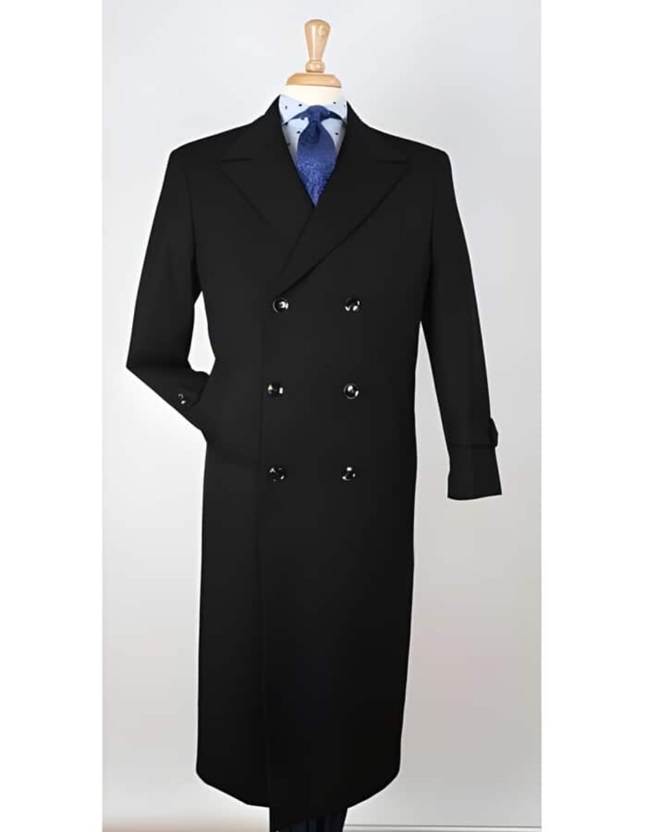 Center Vent 100% Wool Gabardine Double Breasted Black Top Overcoat - Men's Tuxedo USA