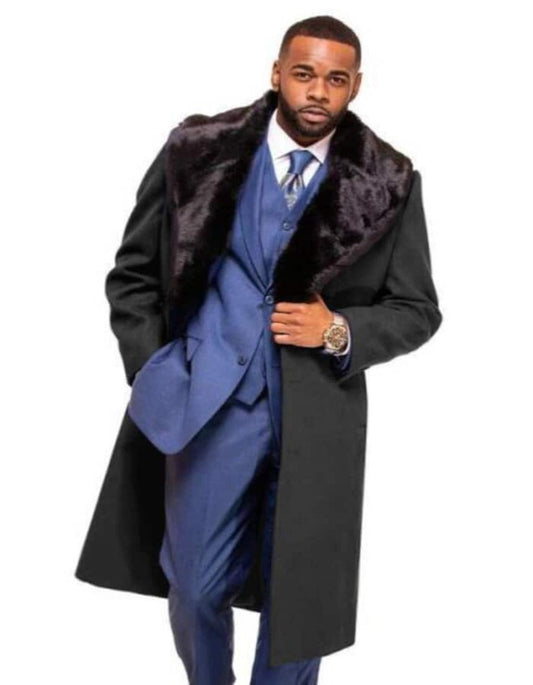 Charcoal Grey Overcoat ~ Long men's Dress Topcoat - Winter coat With Fur Collar And Wool Fabric - Men's Tuxedo USA