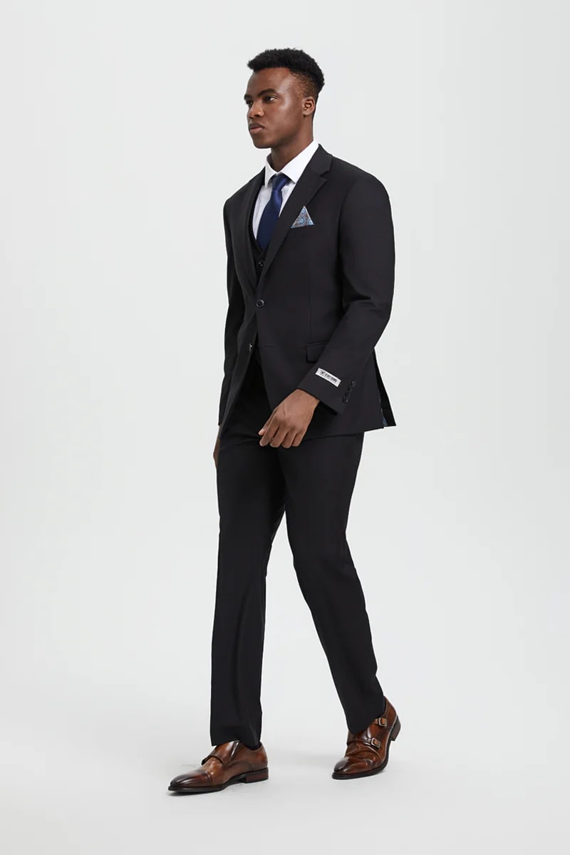 Men's Two Button Vested Stacy Adams Designer Basic Suit In Black - Men's Tuxedo USA