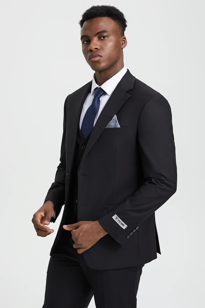 Men's Two Button Vested Stacy Adams Designer Basic Suit In Black - Men's Tuxedo USA