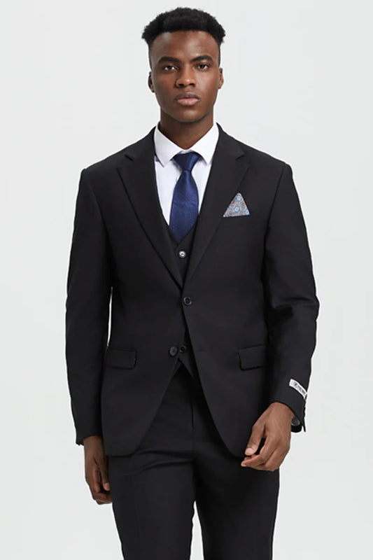 Men's Two Button Vested Stacy Adams Designer Basic Suit In Black - Men's Tuxedo USA