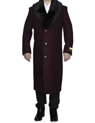 Removable Fur Collar Full Length Wool Dress Ankle length Top Coat/Overcoat Burgundy - Men's Tuxedo USA