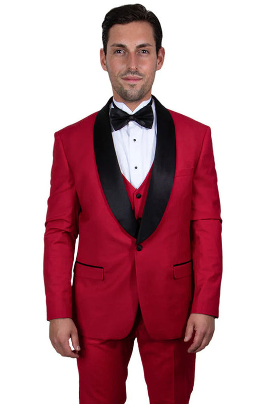 Men's Stacy Adams Vested One Button Shawl Lapel Tuxedo In Red - Men's Tuxedo USA