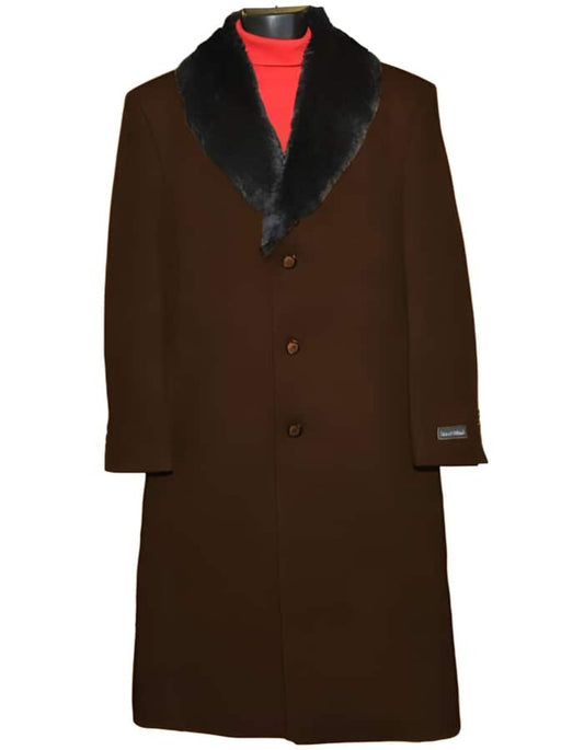 Dark Brown 3 Button Wool Ankle length Overcoat ~ Long men's Dress Topcoat - Winter coat 95% Wool Fabric - Men's Tuxedo USA