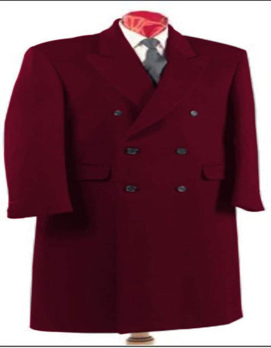 Mens Dark Burgundy Double Breasted Six Button Fully Lined Long Coat - Men's Tuxedo USA