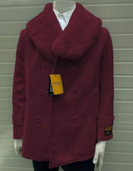 Mens Pea coats With Fur Collar - Wool Dark Burgundy Peacoats - Men's Tuxedo USA