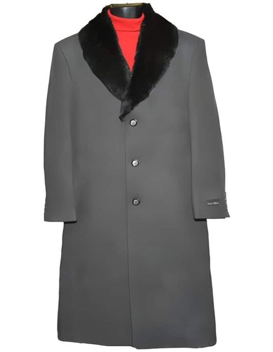 Fur Collar Dark Charcoal Grey 3 Button Wool Ankle length Overcoat ~ Long men's Dress Topcoat - Winter coat - Men's Tuxedo USA